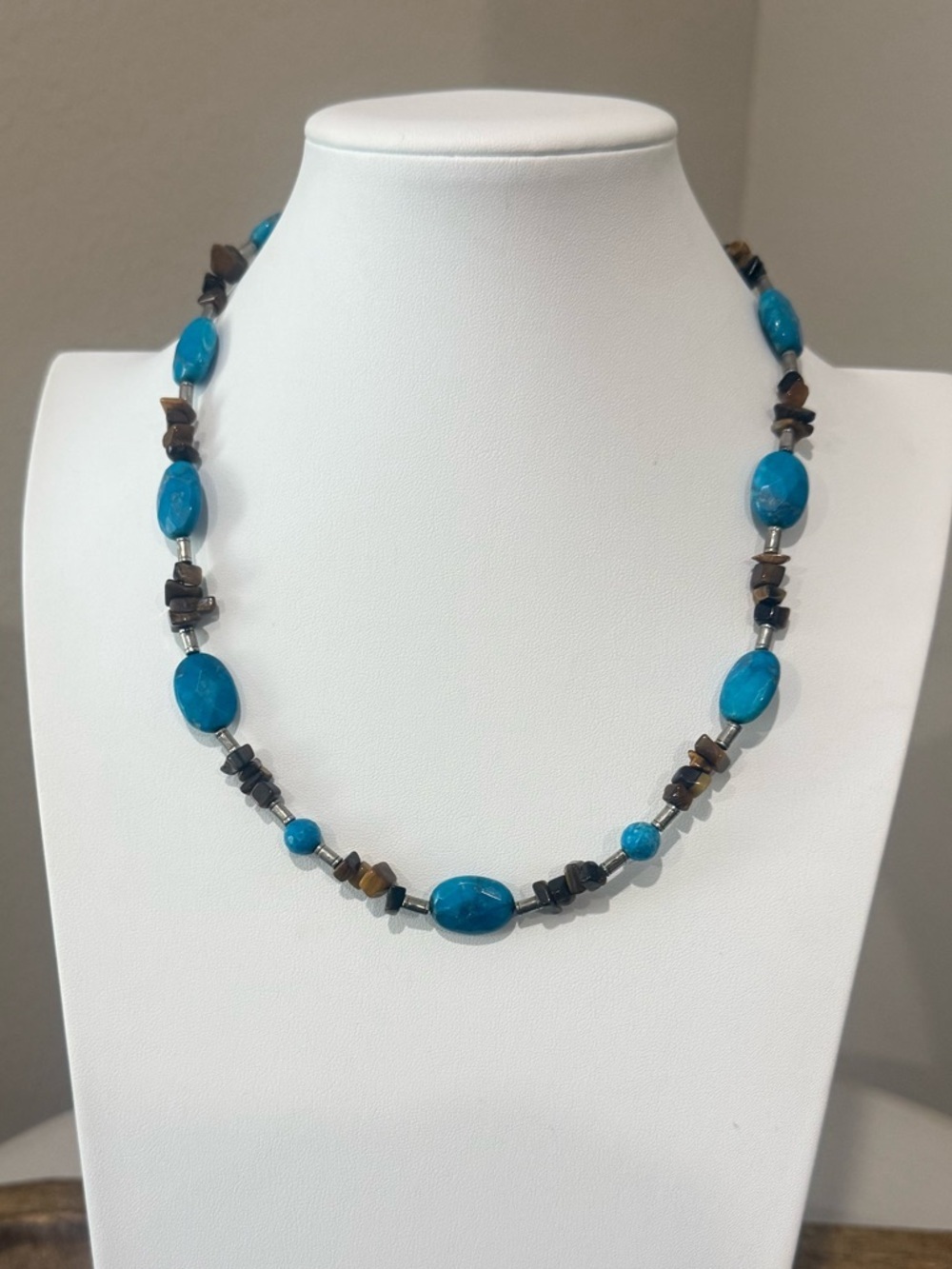 Turquoise Beaded Necklace with Brown Accents - Sterling Silver Clasp